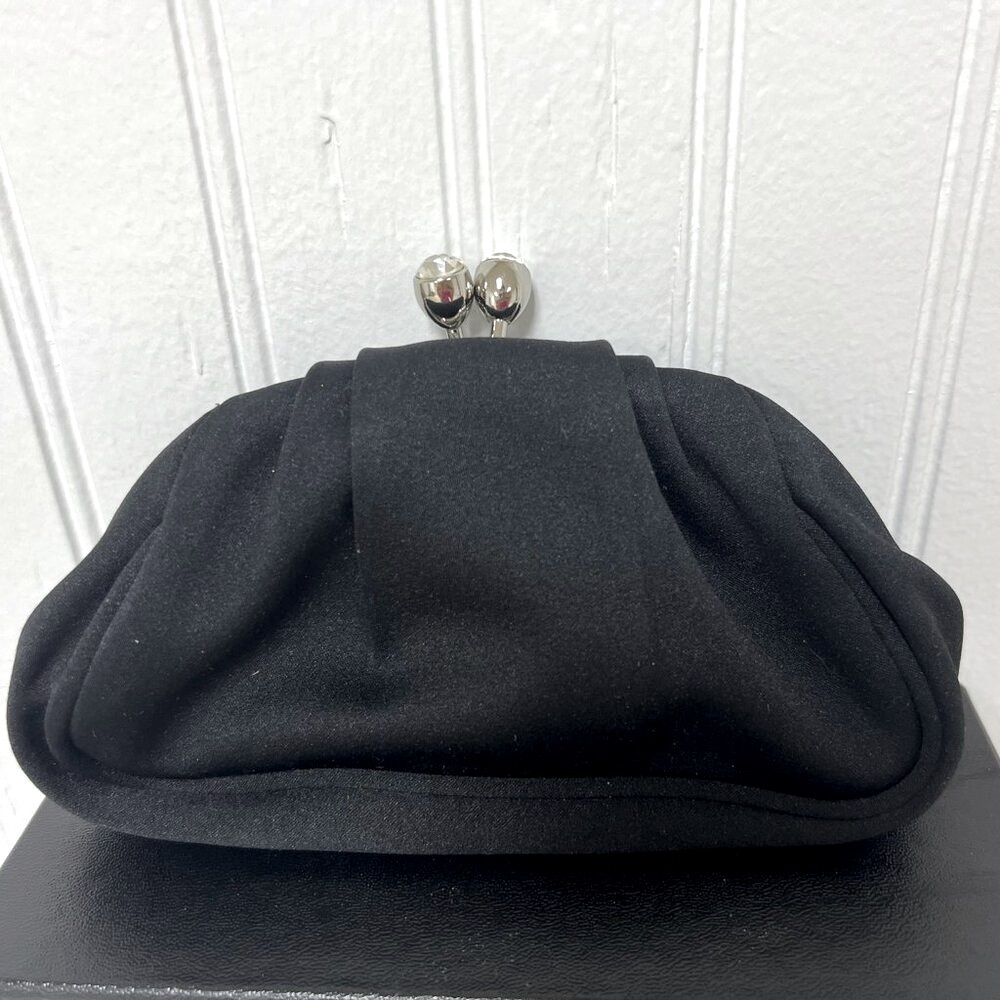 Express Black Satin Mini Rhinestone Kiss Lock Clutch